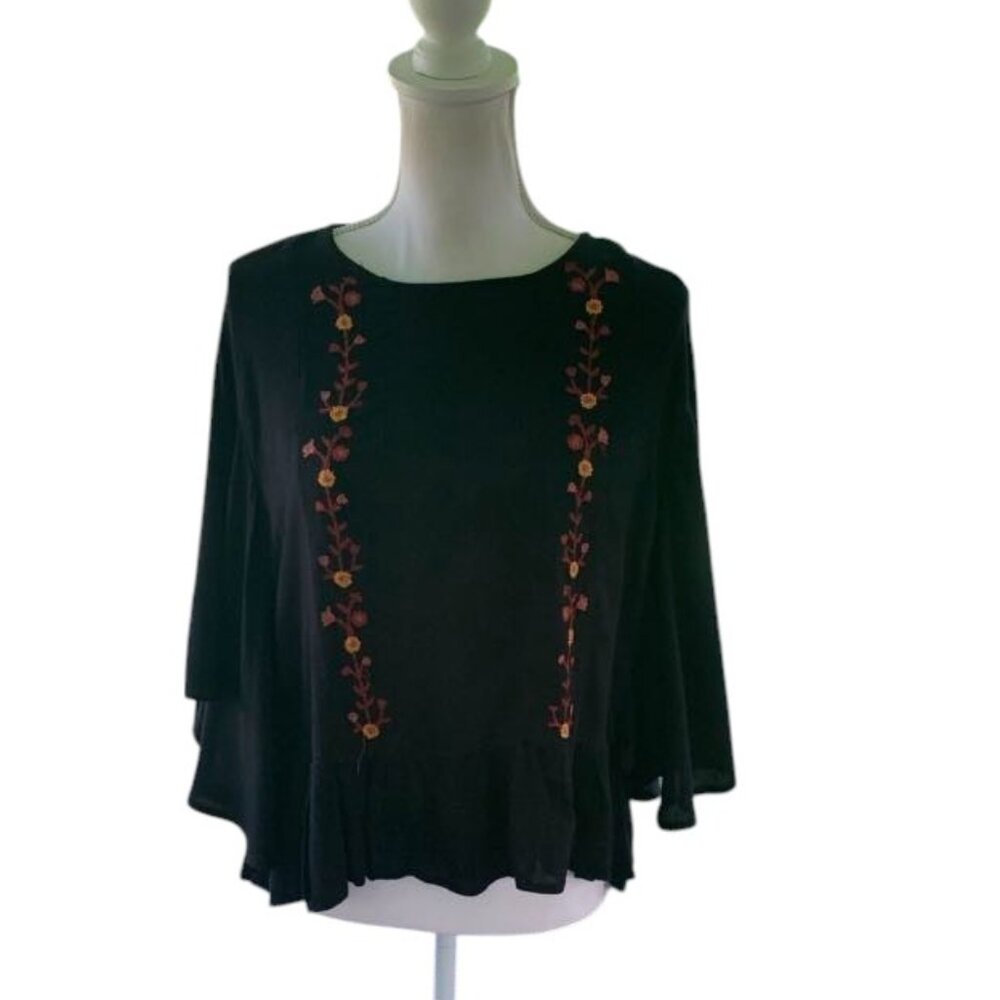 Women's Blue Rain Rayon Top - Black Embroidered with Batwing Sleeves
